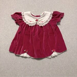 Vintage Girls Dress Fuchsia/ Pink Velvet, Velour White Lace Collar (6-9M)